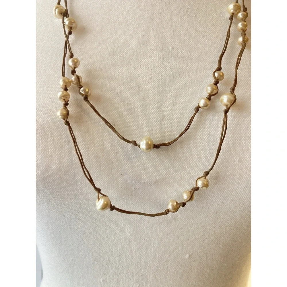 Layered Faux Pearl Cord Necklace Cream & Earthy Brown Cord Long‎ Boho  Romantic